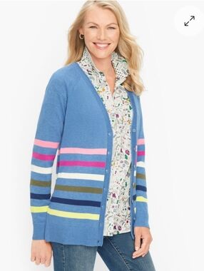 Talbots XL Petite Blue Striped V-Neck Button Cardigan with Multicolor Accents
